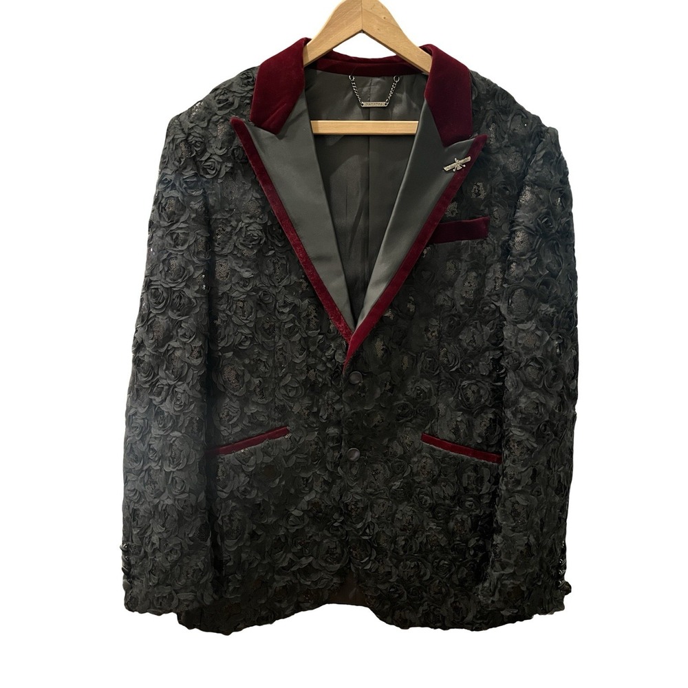 Barabas Men's Rosette Appliqué Black Blazer Red Velvet Trim Sz 40R Slim Fit